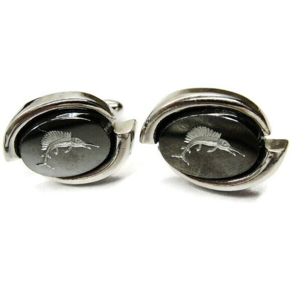 Swordfish Cufflinks Silver Tone Mirrored Finish Tux Shirt Dress Suit Vintage - Picture 1 of 8